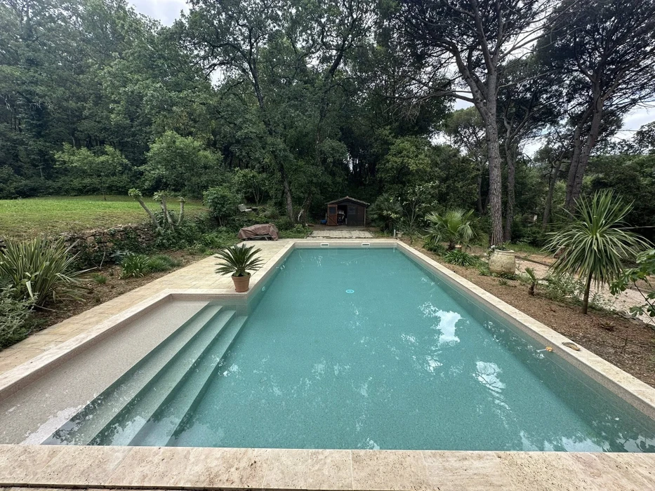 Piscine extérieure rectangulaire avec escalier intégré dans jardin résidentiel