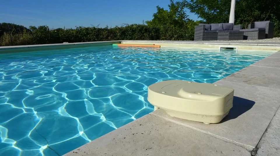 Scène extérieure de piscine privée avec eau cristalline bleue, margelles en béton