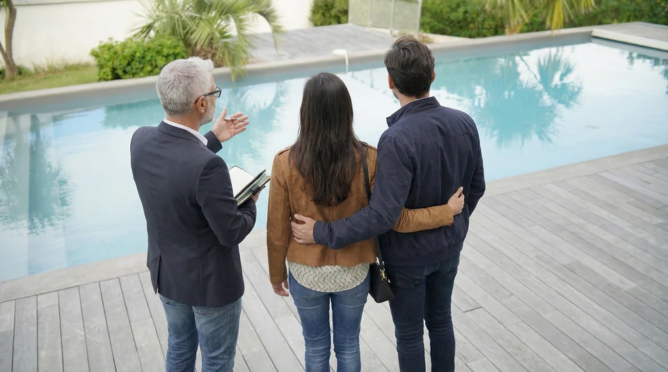 Jardin professionnel et paysager Installation de nouveaux toits de laiton naturels autour d'une piscine