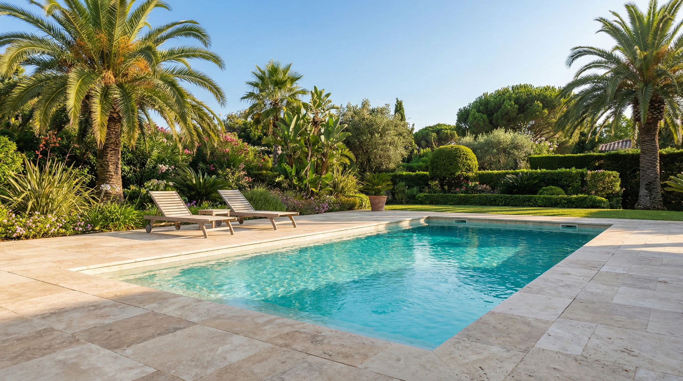 Piscine intérieure privée avec bassin rectangulaire carrelé bleu, escalier métallique avec garde-corps verre, plafond suspendu lamelles bois naturel, éclairage LED intégré spots encastrés, baies vitrées aluminium noir, sol carrelage grand format beige, appliques murales design triangulaires, architecture contemporaine haut de gamme
