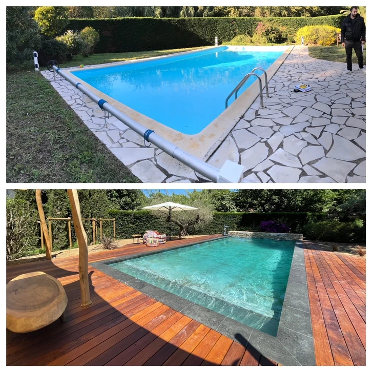 Technicien en combinaison bleue effectuant l'entretien d'une piscine extérieure rectangulaire à eau turquoise, utilisant une épuisette télescopique pour nettoyer la surface